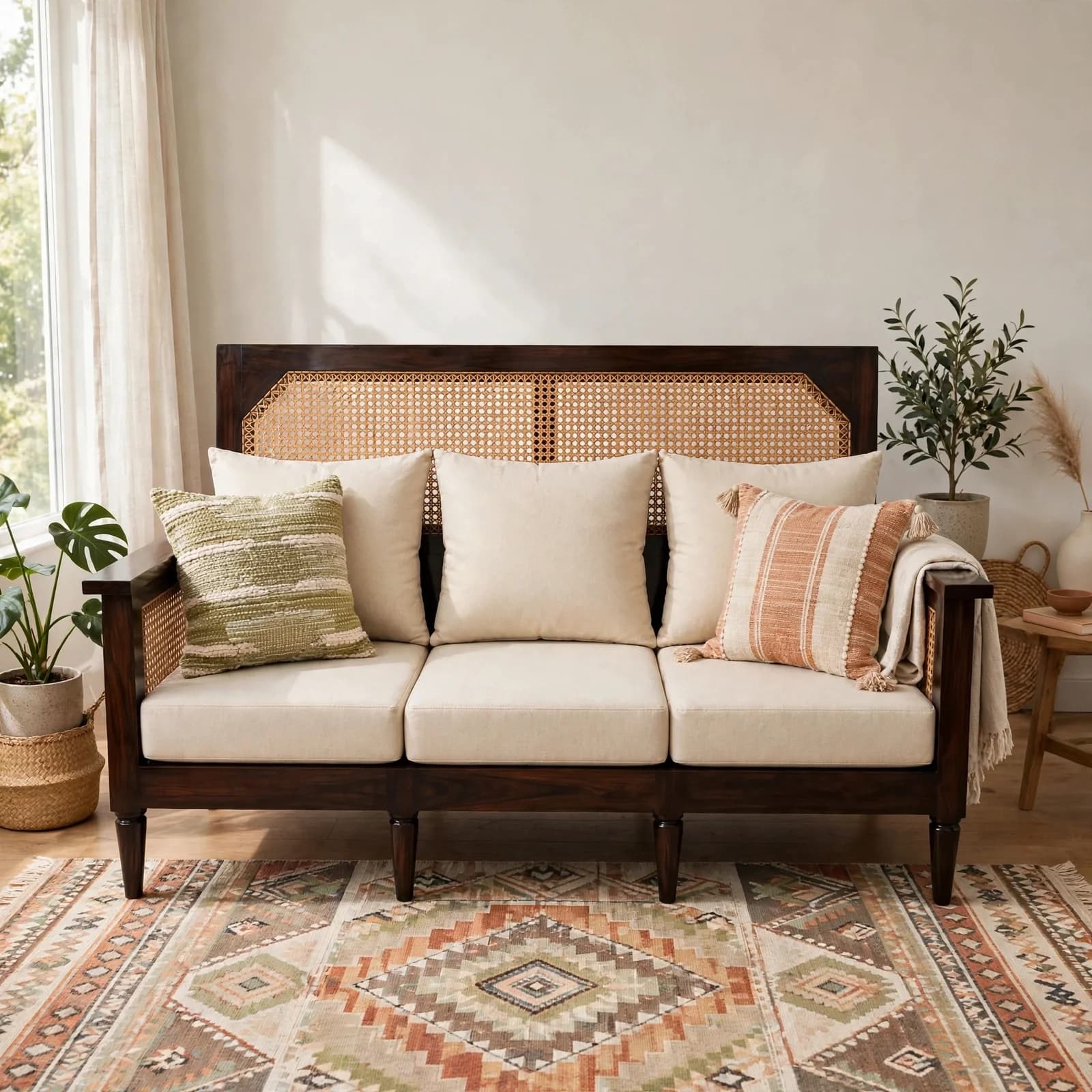 Sheesham Wood Rattan Sofa - Walnut Finish