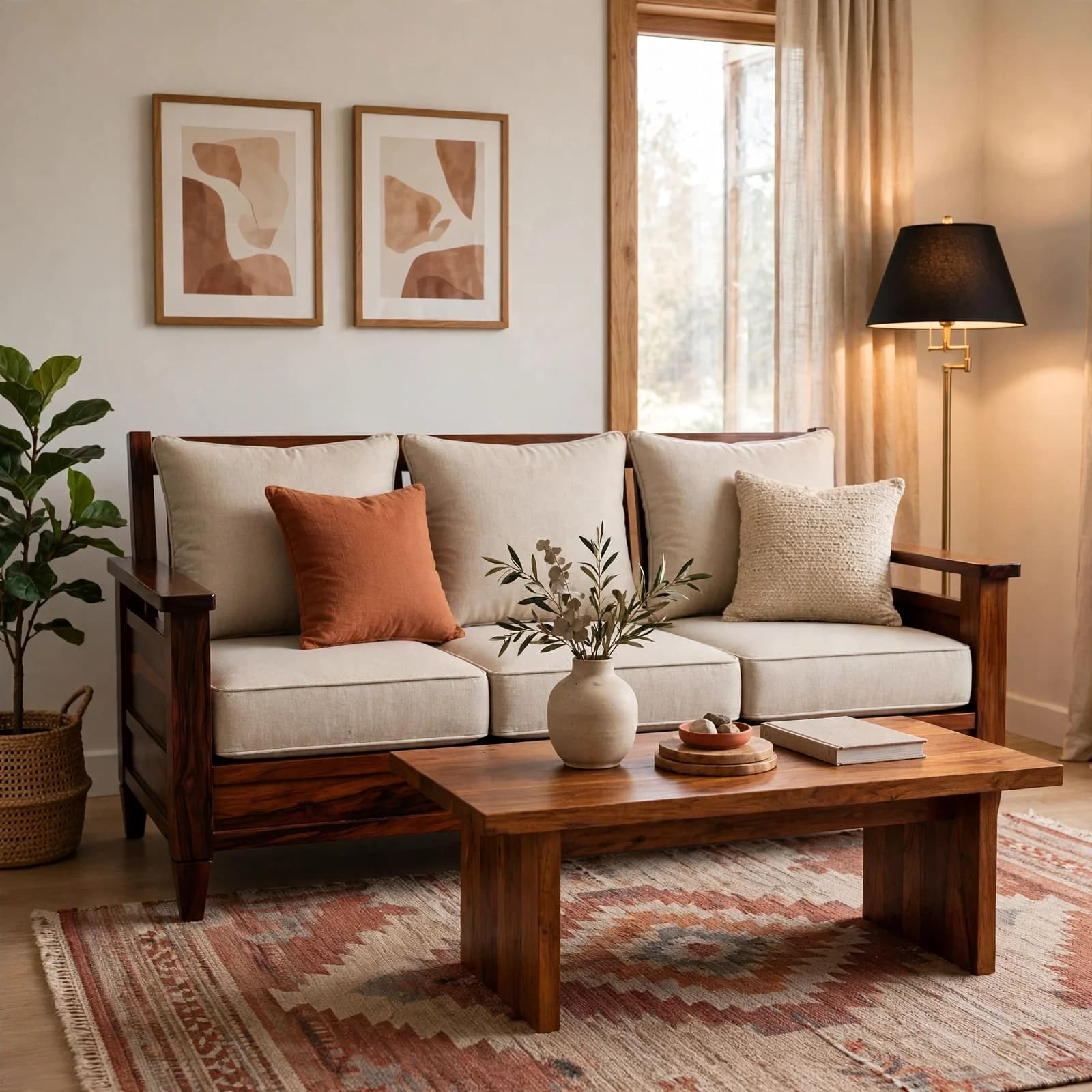 Sheesham Wood Upholstered Sofa - Honey Finish