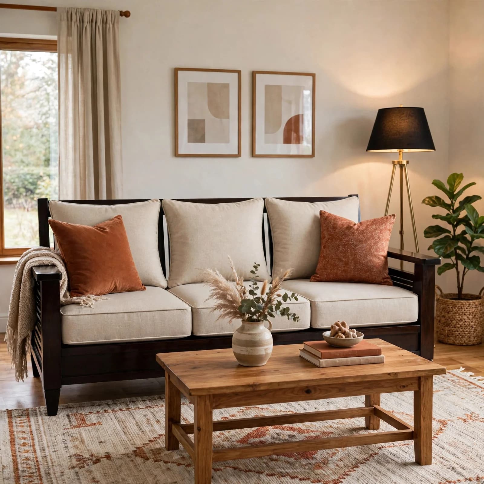 Sheesham Wood Upholstered Sofa - Walnut Finish