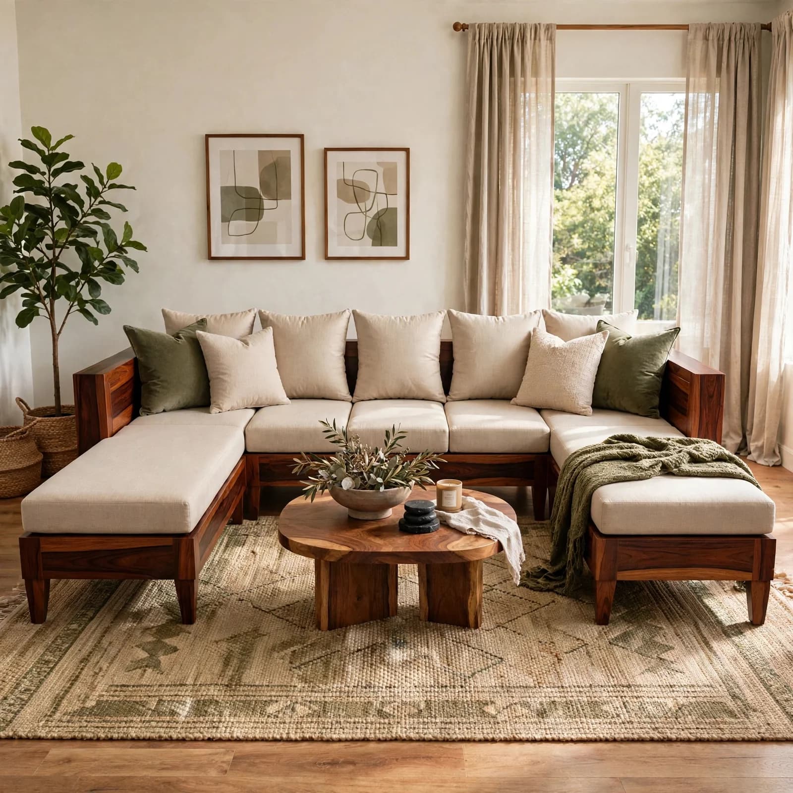 Sheesham Wood U-Shape Sectional Sofa - Honey Finish