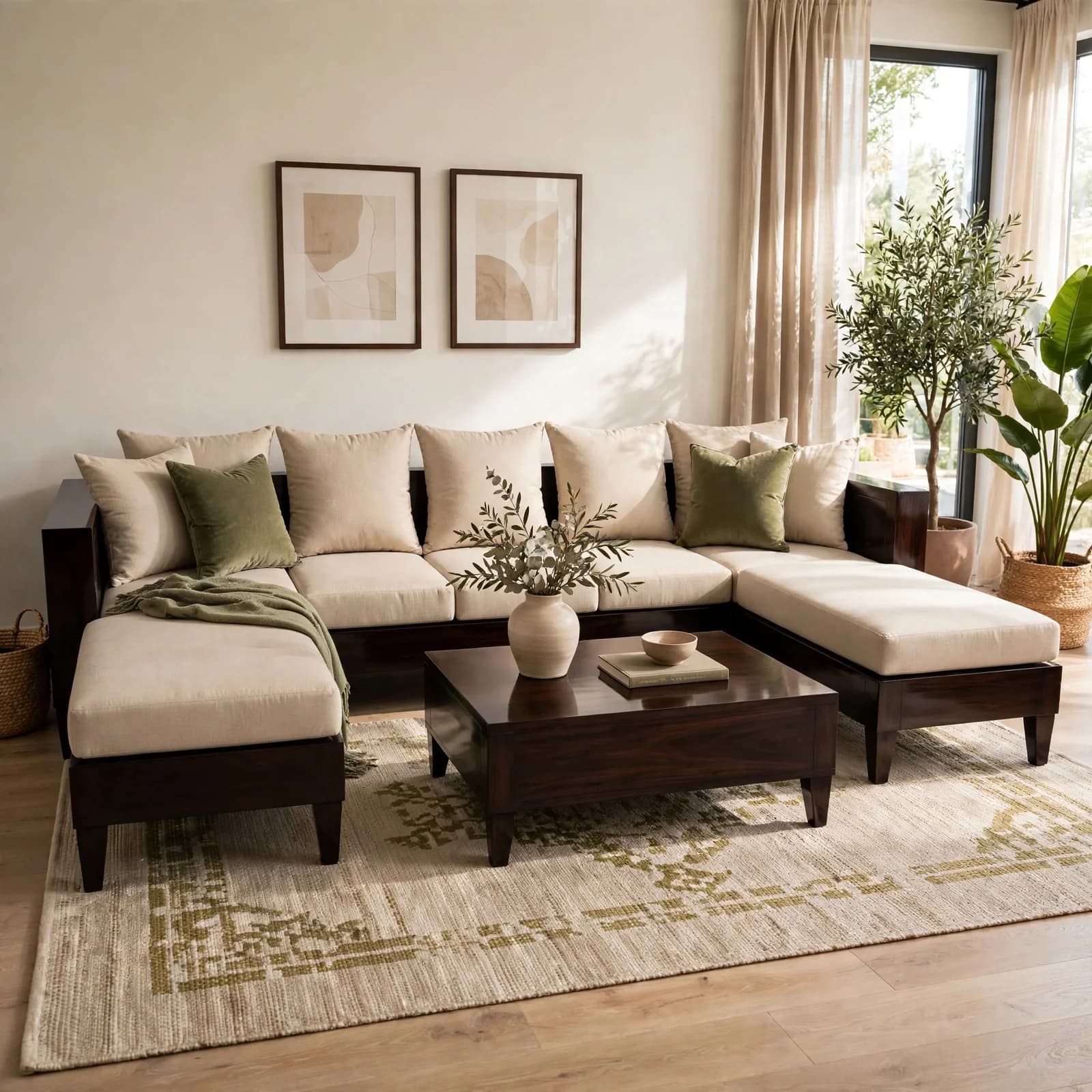 Sheesham Wood U-Shape Sectional Sofa - Walnut Finish