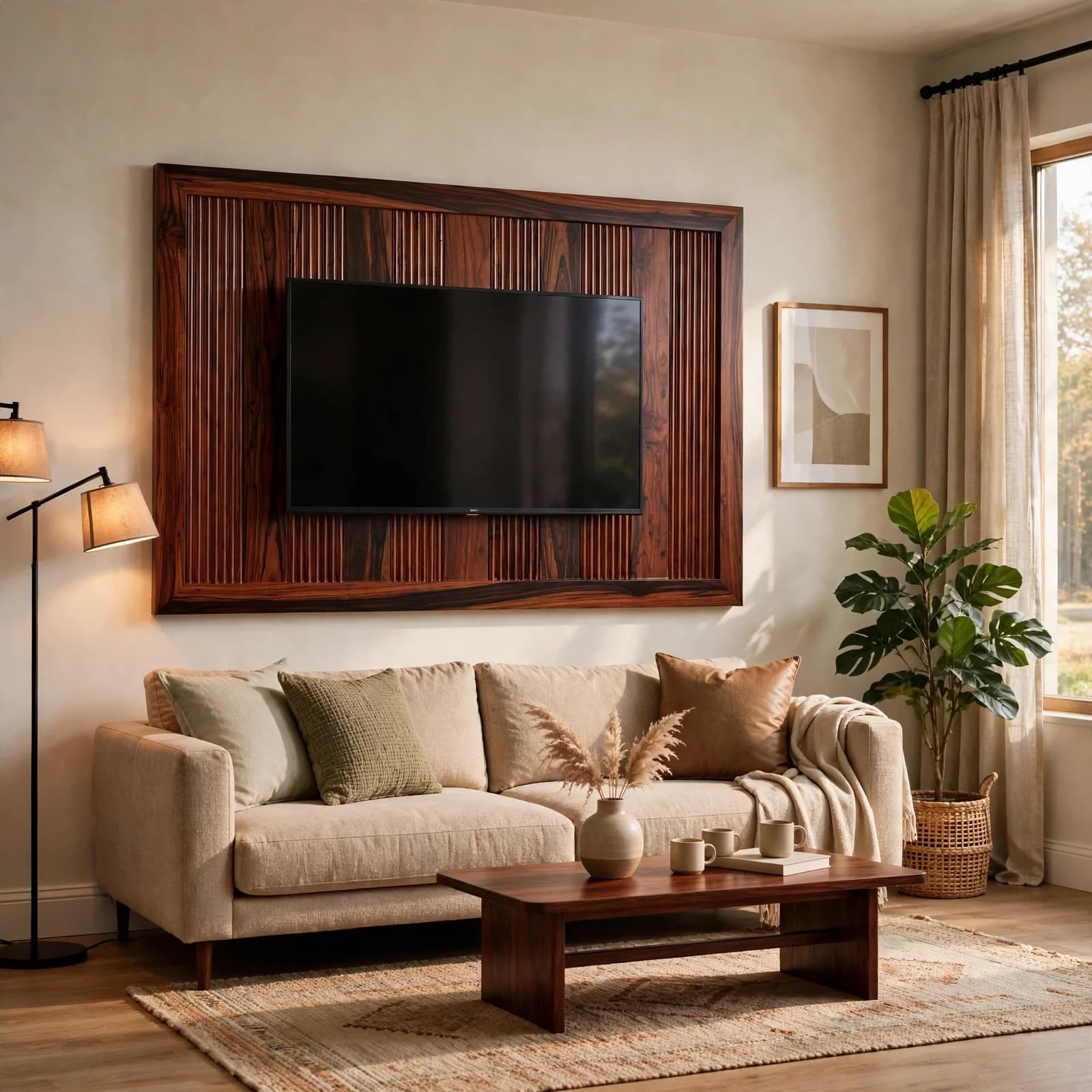 Sheesham Wood Wall Mounted TV Panel - Honey Finish