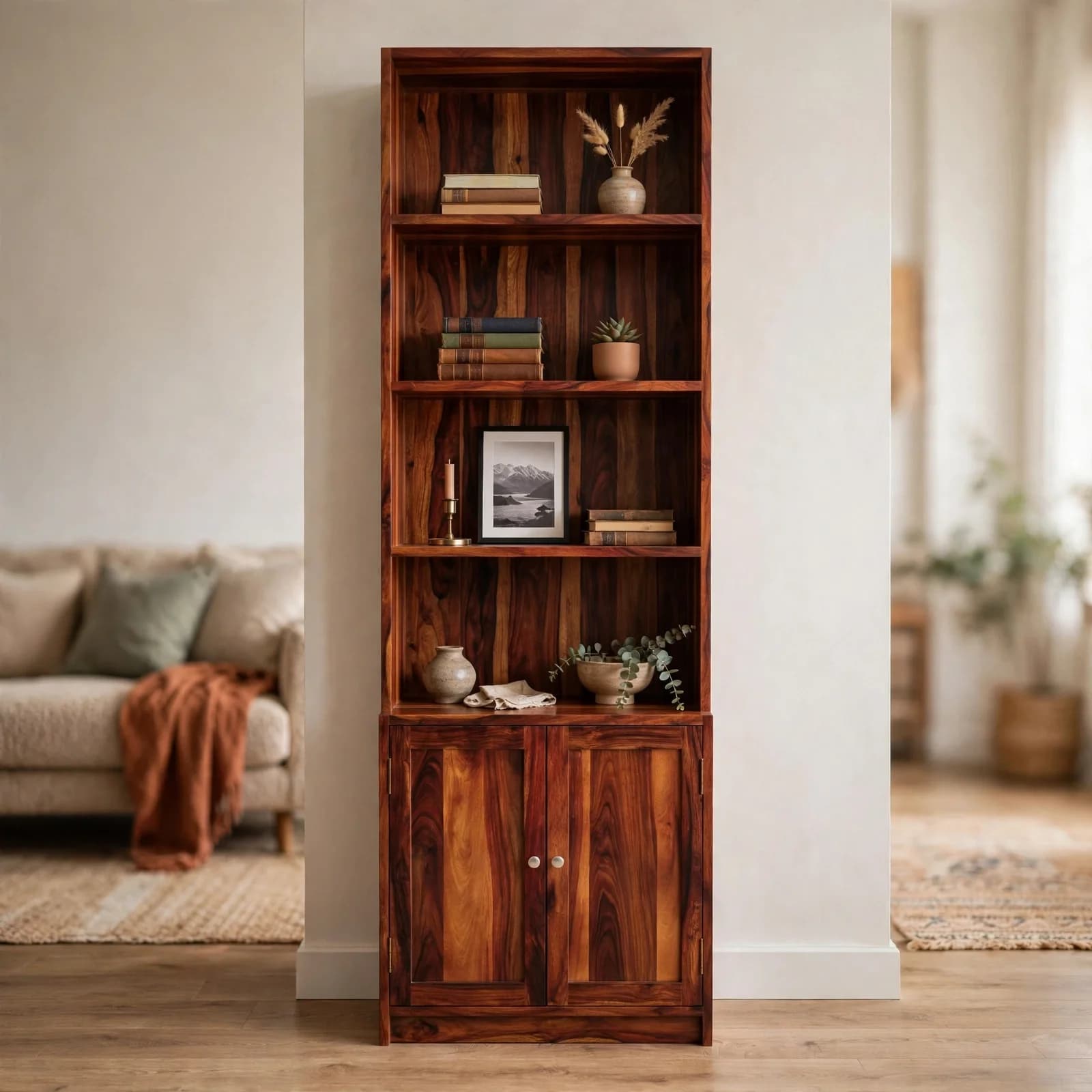 Sheesham Wood Wall Shelf Unit - Honey Finish