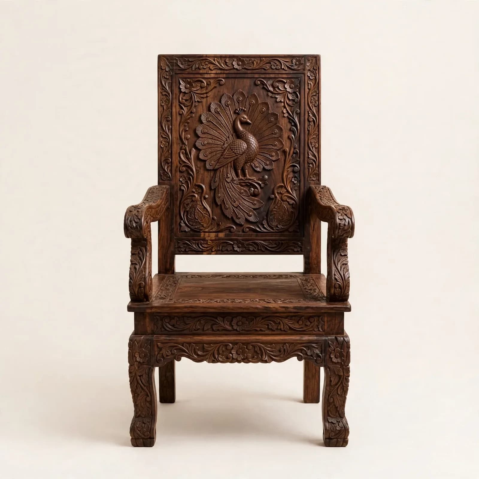 Carved Peacock Classic Sheesham Wood Dining Armchair