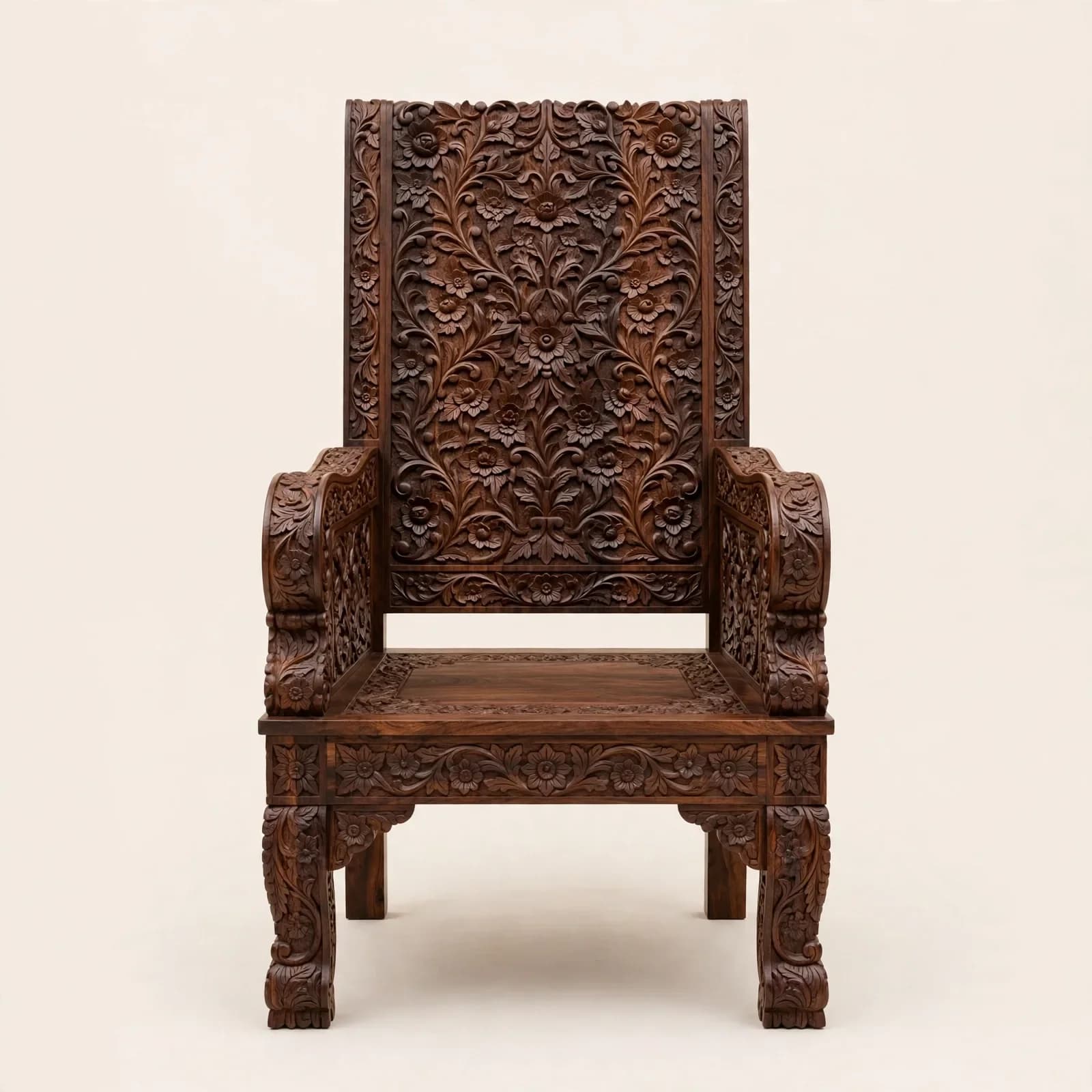 Carved Floral Classic Sheesham Wood Dining Armchair