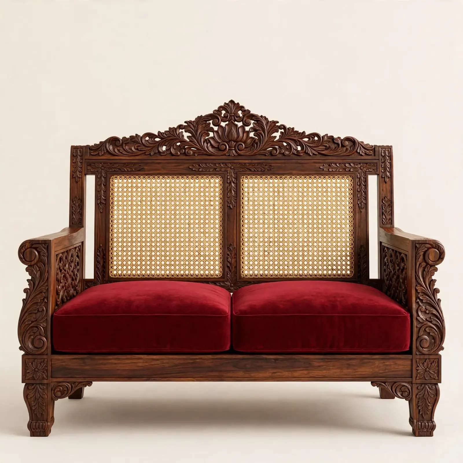 Carved Royal Cane Back Sheesham Wood 2 Seater Sofa