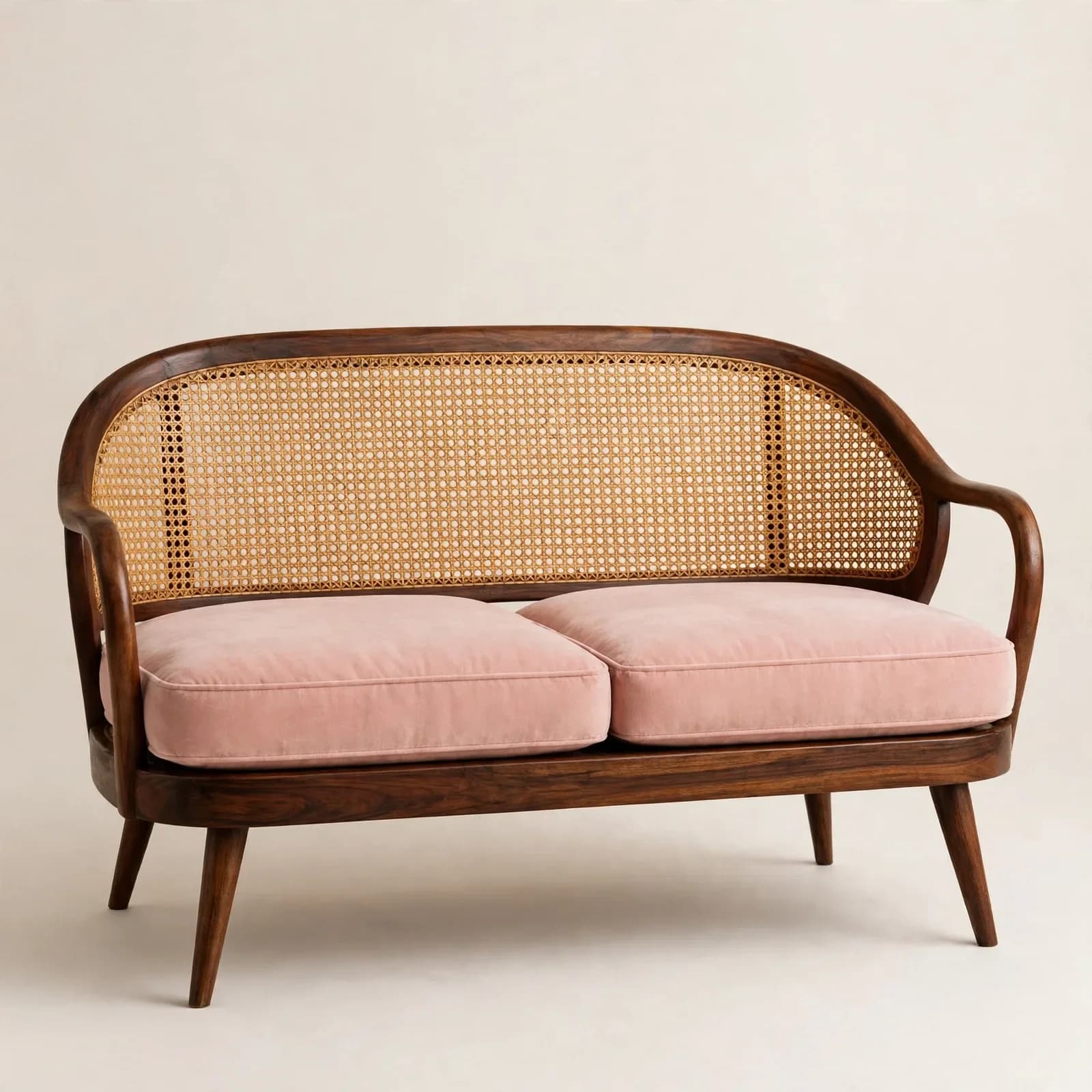 Curved Mid-Century Sheesham Wood 2 Seater Sofa