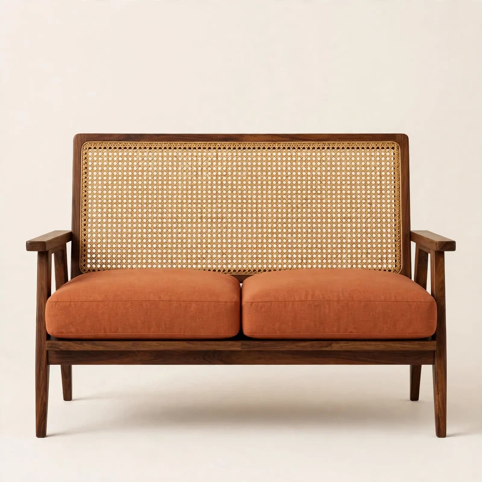 Rattanback Mid-Century Sheesham Wood 2 Seater Sofa
