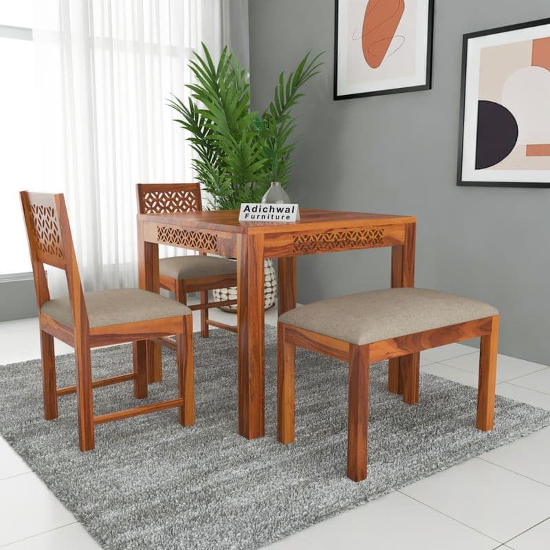Sheesham Wood 2 Chair with 1 Bench Dining Table Set with Cushioned Chairs for Dining Room | Living Room | Hotels Restaurant (4 Seater with Bench, Honey A)