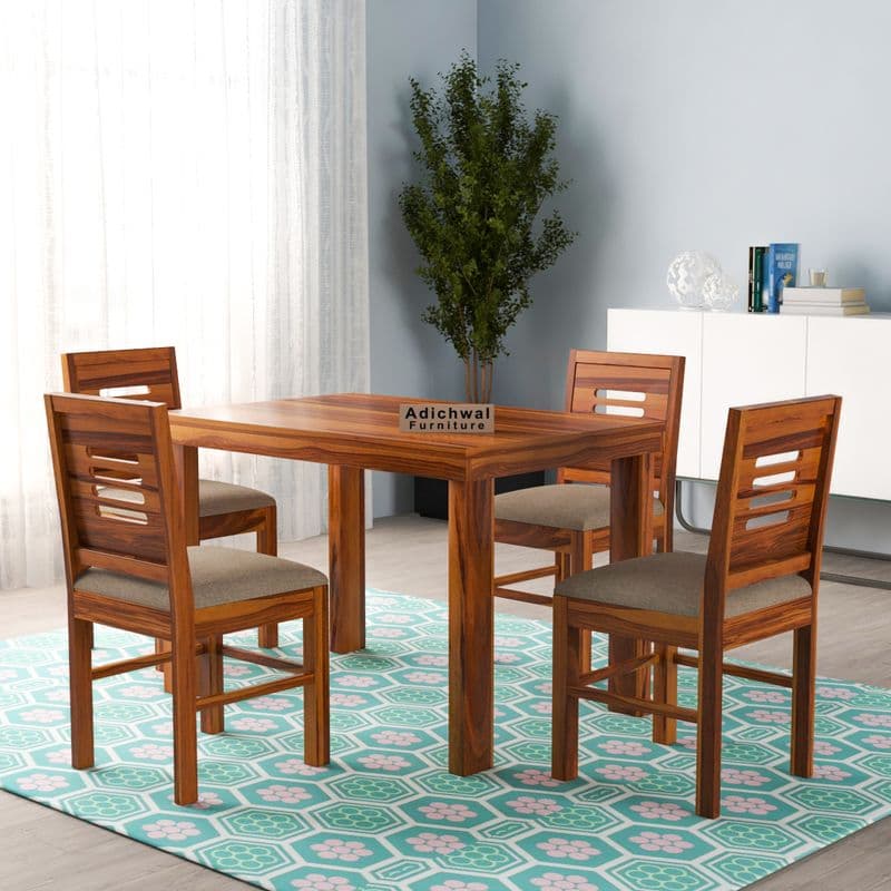 Solid Sheesham Wood 4 Seater Dining Set Dining Table Set with Cushioned Chairs for Dining Room | Living Room | Home & Office | Hotels Restaurant (4 Seater, Honey E)