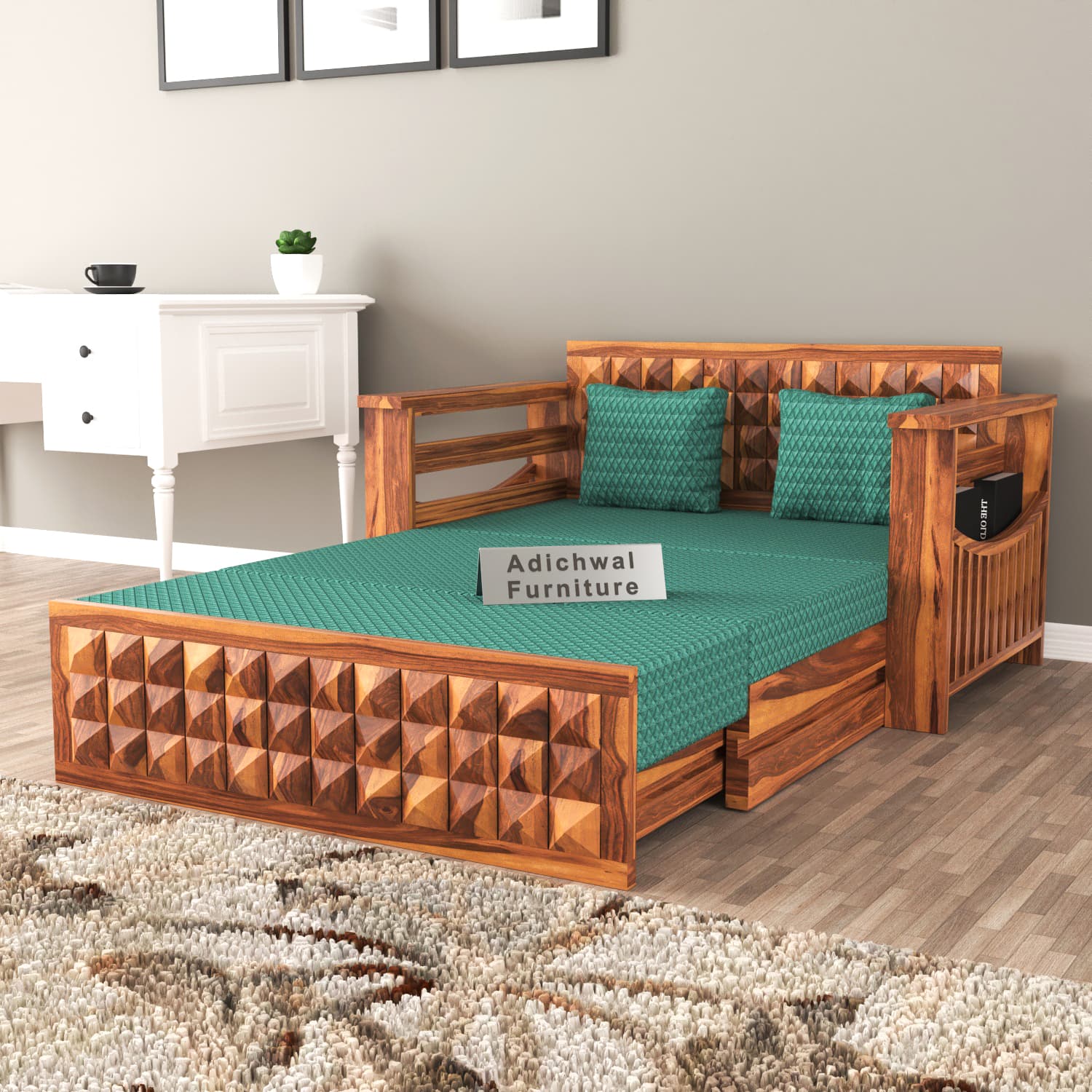 Shisham Wood 2-seater Sofa with DiamondCarve - Full-Back - Honey