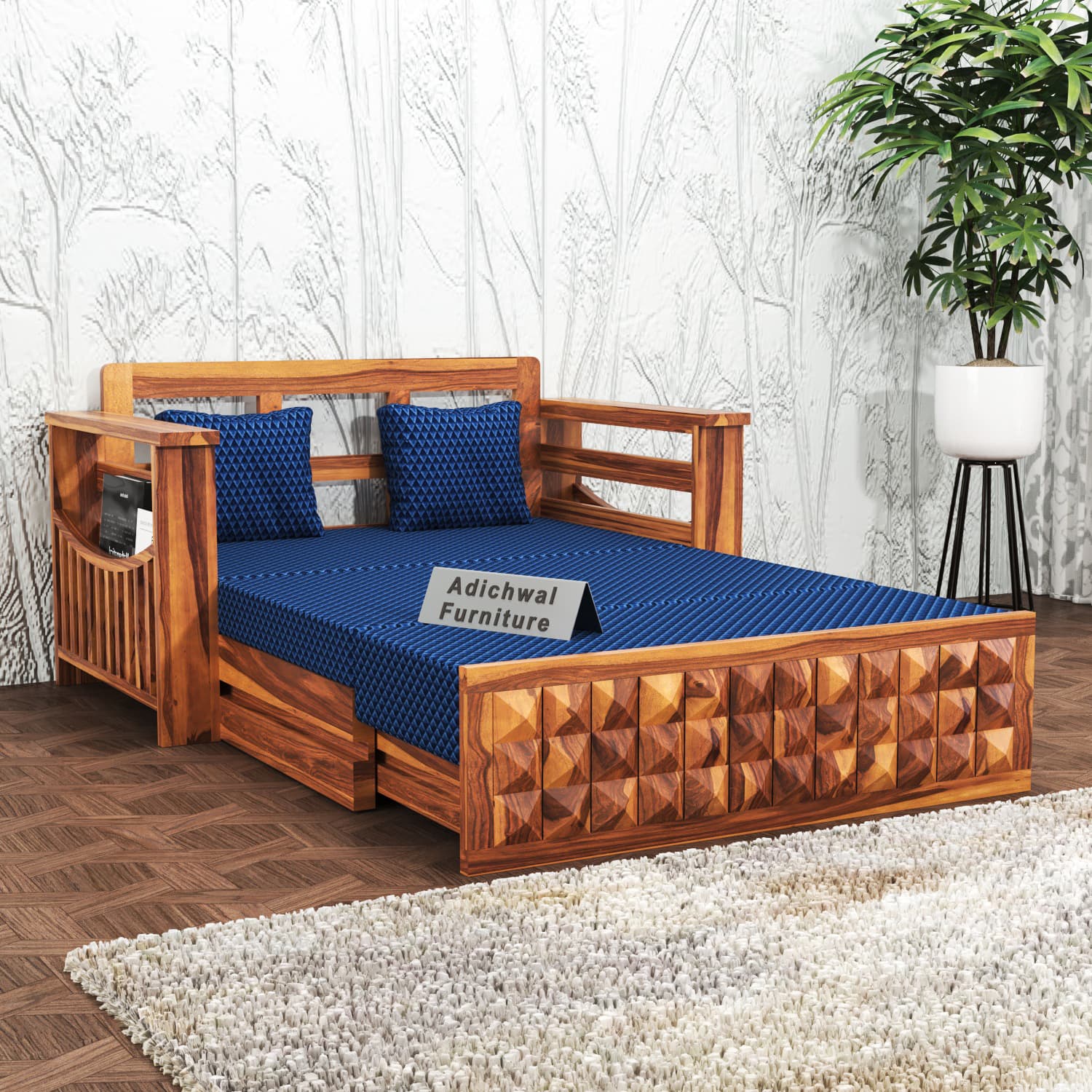 Shisham Wood 2-seater Sofa with Heritage Brick-Art - Heritage - Honey
